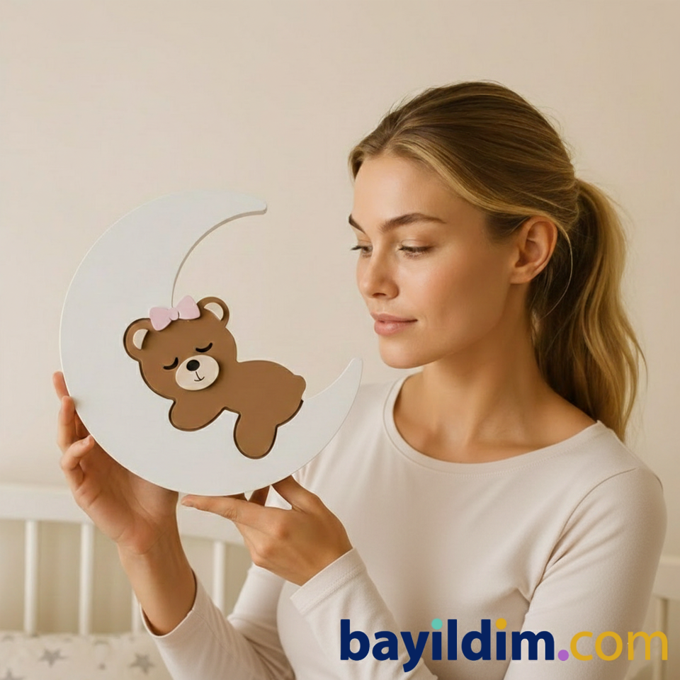 Ay Üstünde Uyuyan Yavru Ayıcık Gece Lambası – Ahşap & LED | Bayıldım.com