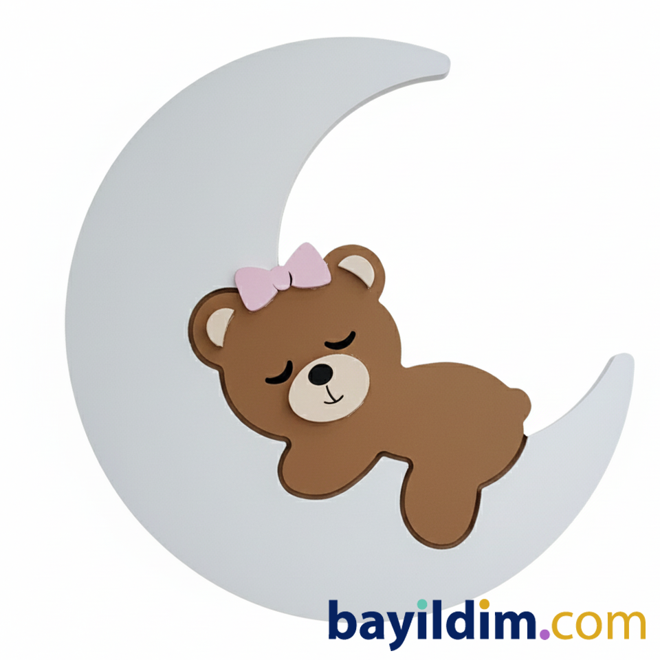 Ay Üstünde Uyuyan Yavru Ayıcık Gece Lambası – Ahşap & LED | Bayıldım.com