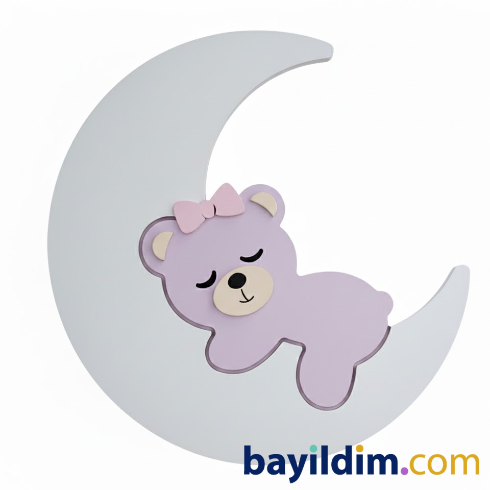Ay Üstünde Uyuyan Yavru Ayıcık Gece Lambası – Ahşap & LED | Bayıldım.com