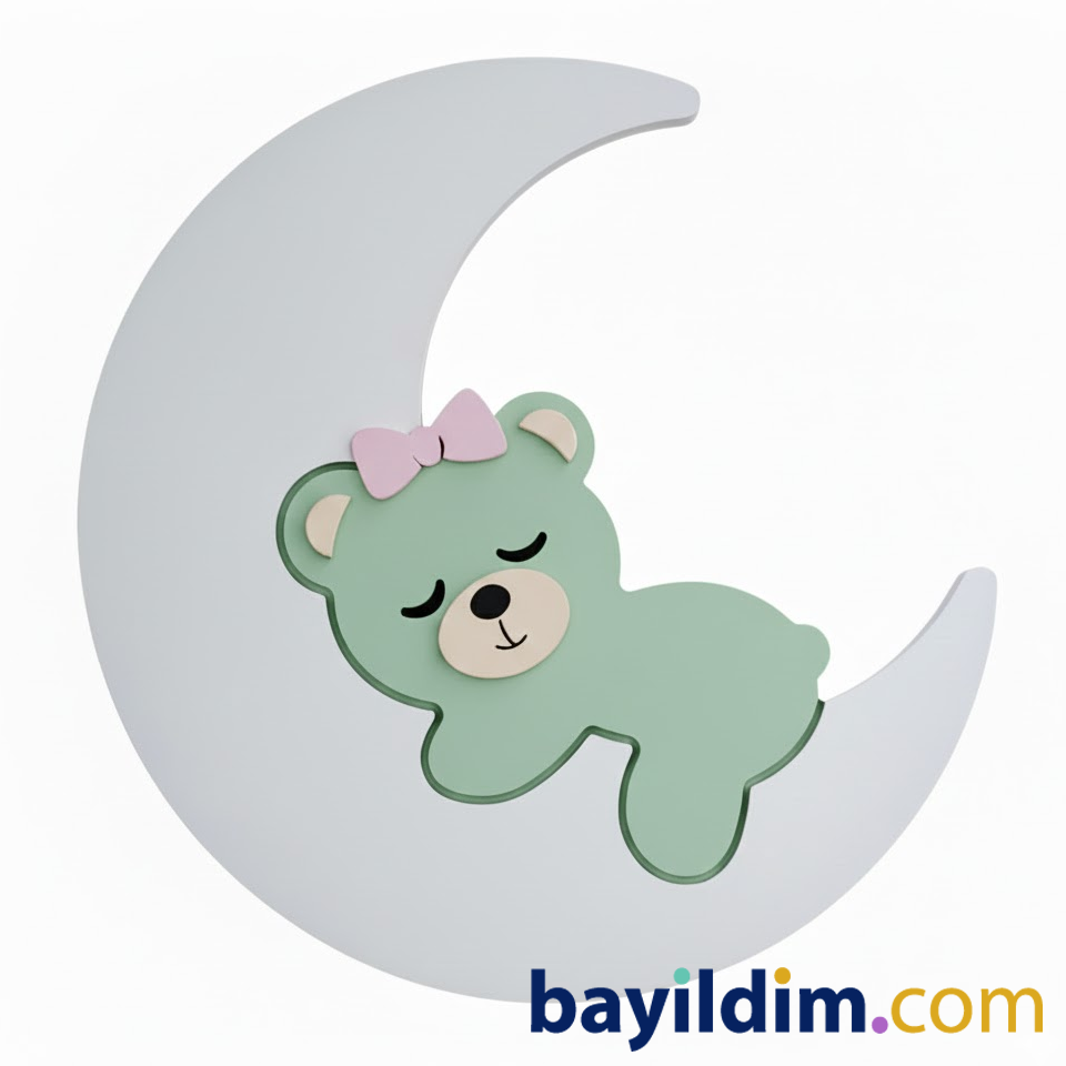 Ay Üstünde Uyuyan Yavru Ayıcık Gece Lambası – Ahşap & LED | Bayıldım.com