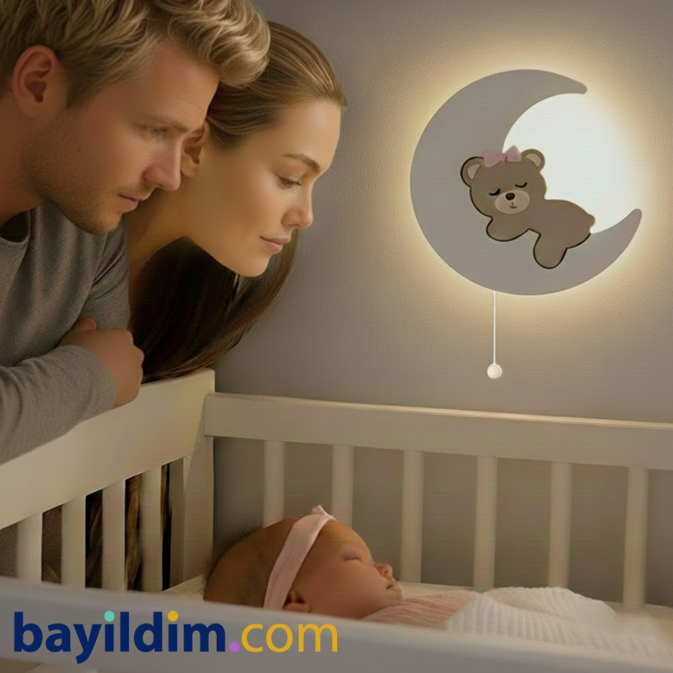 Ay Üstünde Uyuyan Yavru Ayıcık Gece Lambası – Ahşap & LED | Bayıldım.com