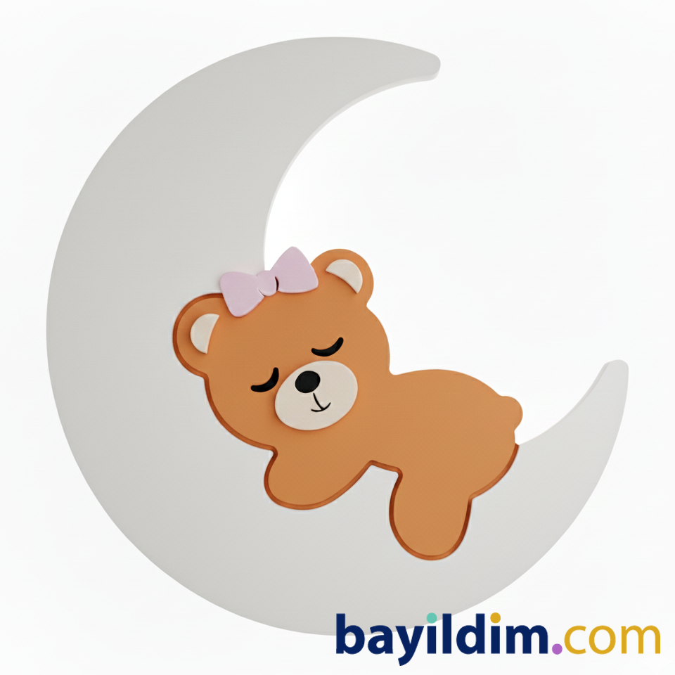 Ay Üstünde Uyuyan Yavru Ayıcık Gece Lambası – Ahşap & LED | Bayıldım.com
