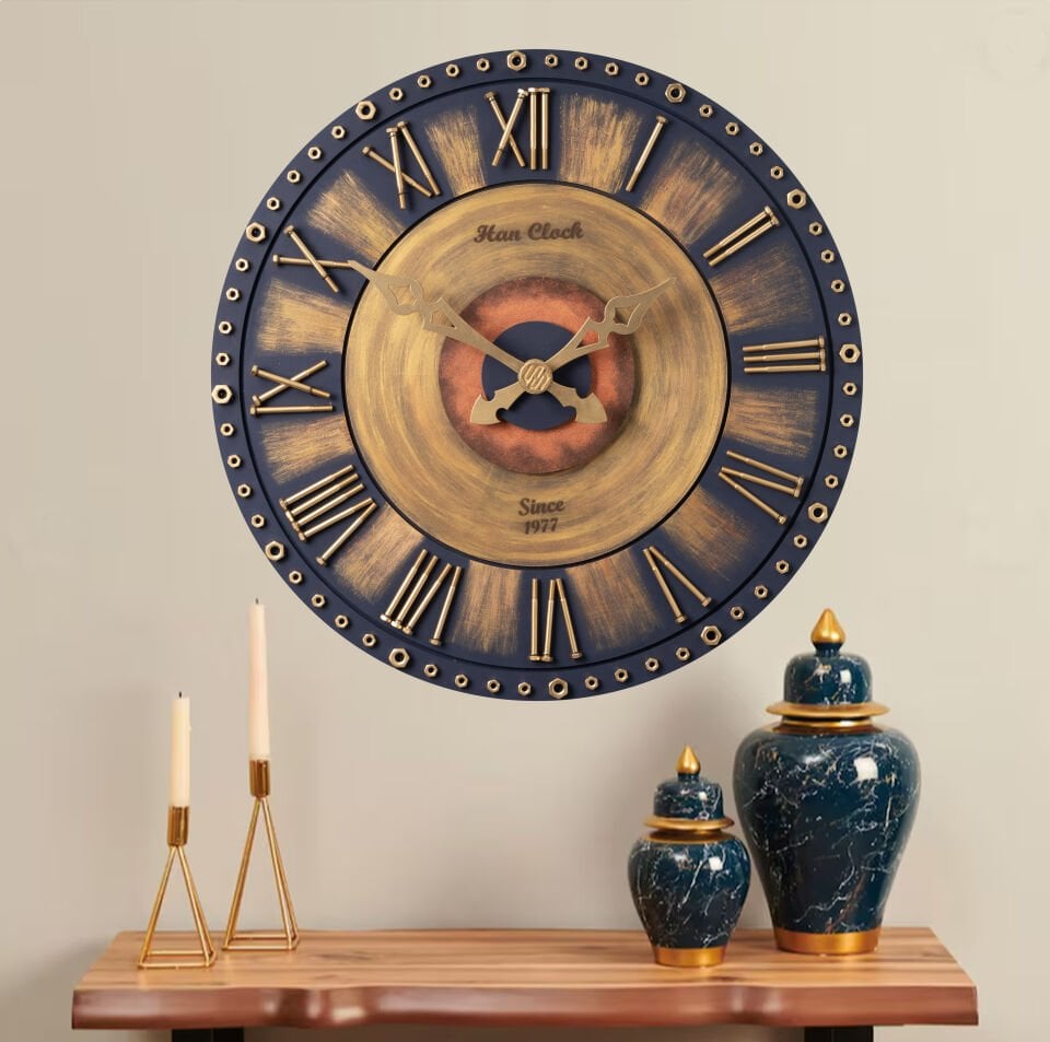 El Yapımı Ahşap Duvar Saati 60 cm – Çelik Civatalı