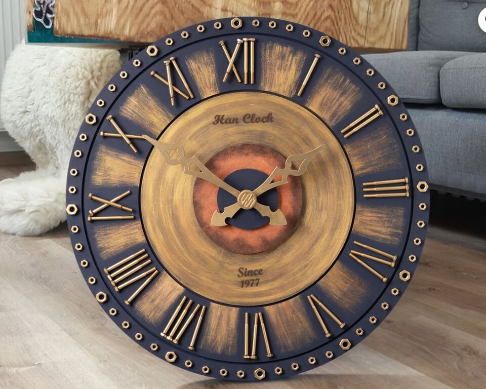 El Yapımı Ahşap Duvar Saati 60 cm – Çelik Civatalı