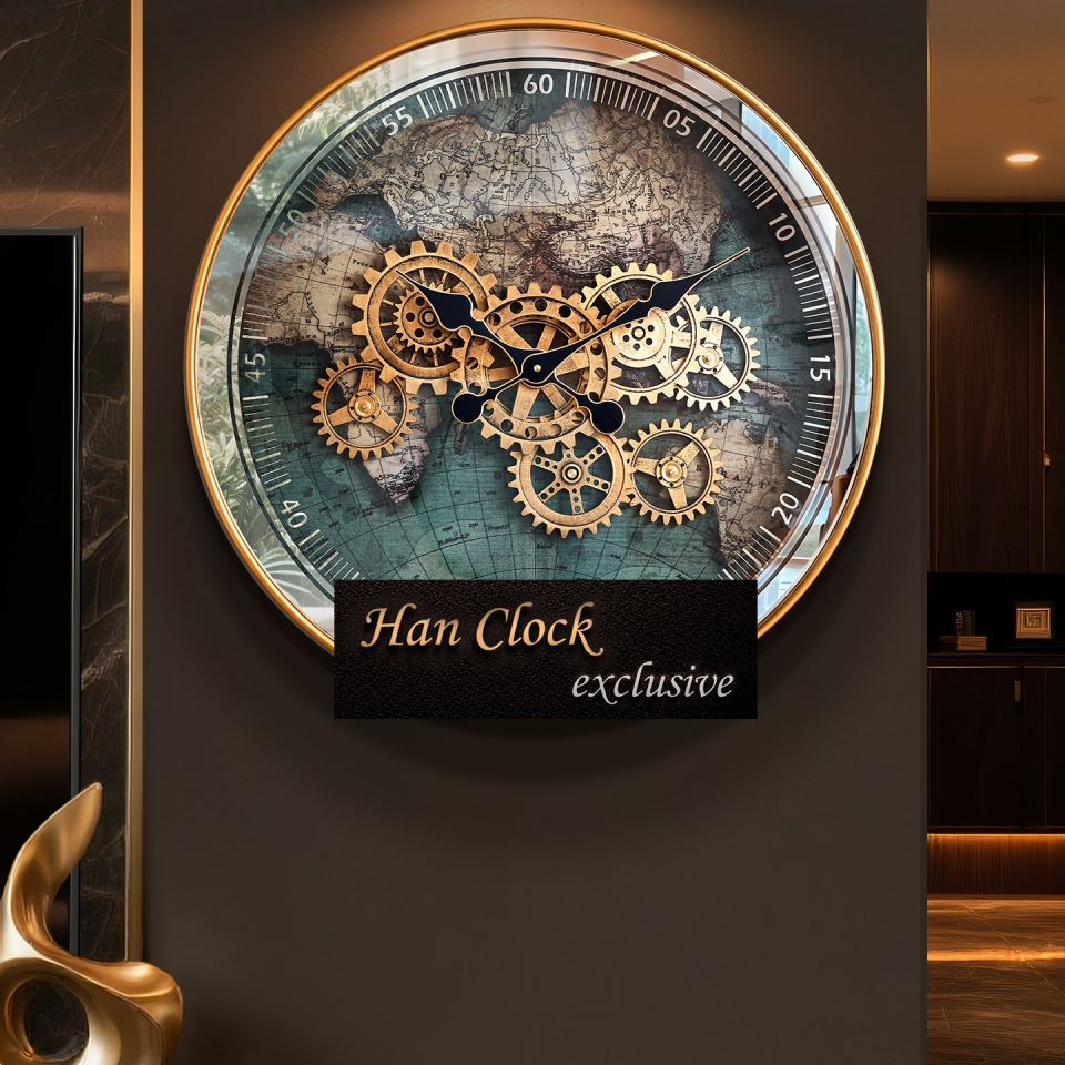 Dünya Haritalı Büyük Metal Çarklı Duvar Saati Han Clock Royal