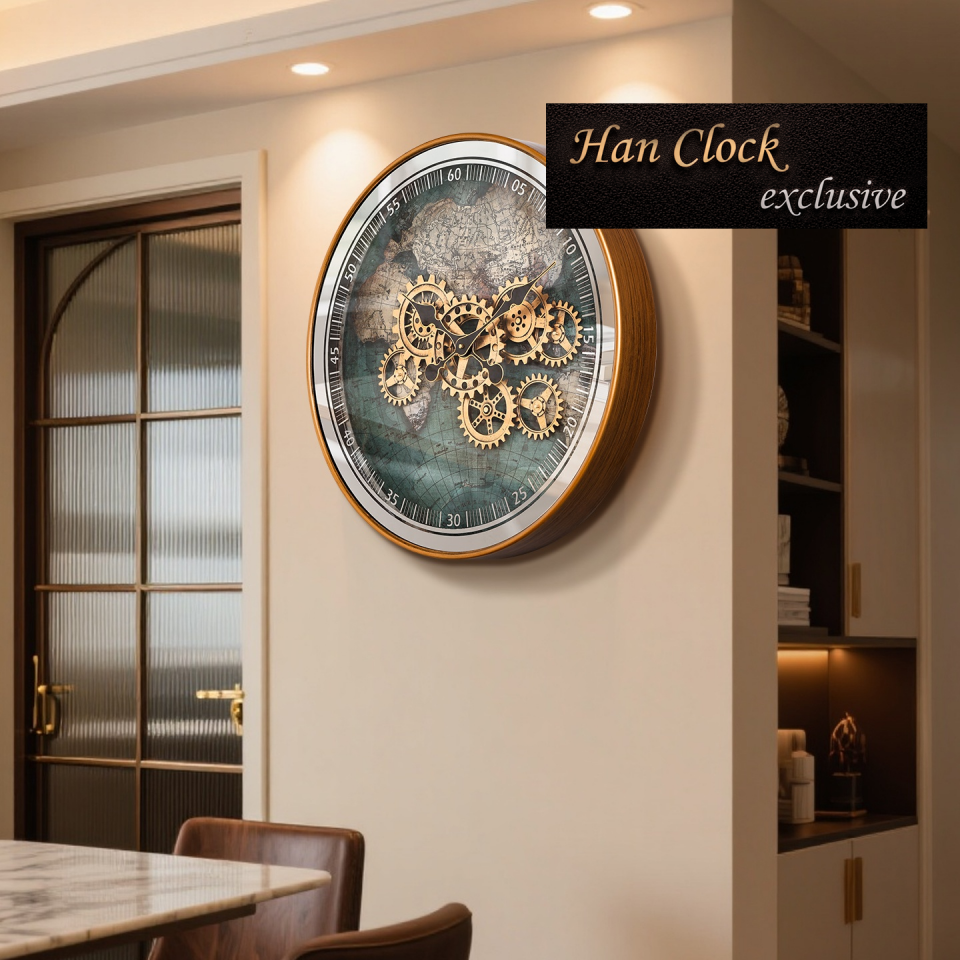 Dünya Haritalı Büyük Metal Çarklı Duvar Saati Han Clock Royal