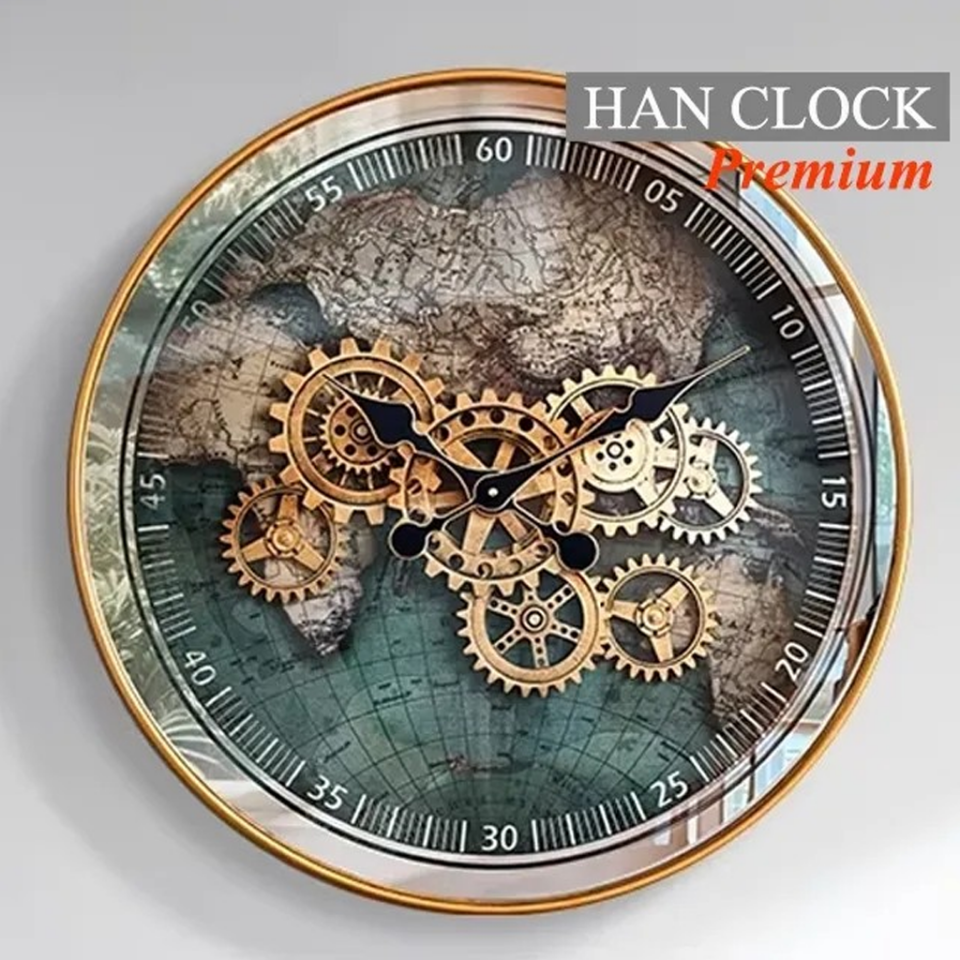 Dünya Haritalı Büyük Metal Çarklı Duvar Saati Han Clock Royal