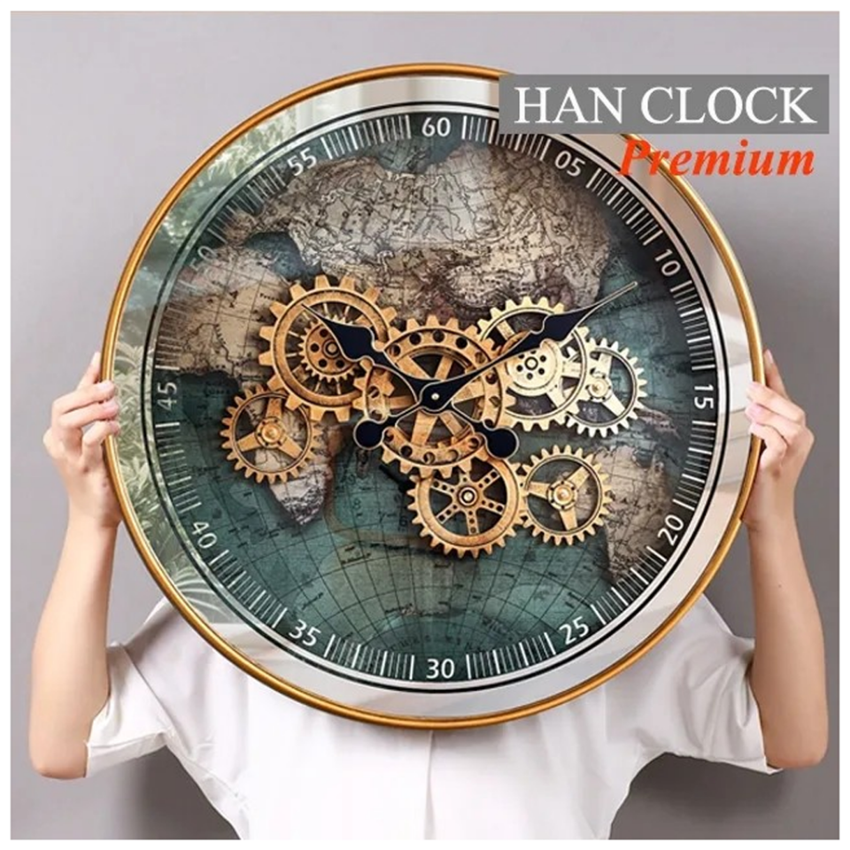 Dünya Haritalı Büyük Metal Çarklı Duvar Saati Han Clock Royal