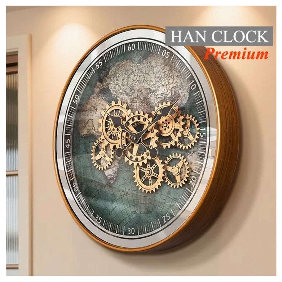 Dünya Haritalı Büyük Metal Çarklı Duvar Saati Han Clock Royal