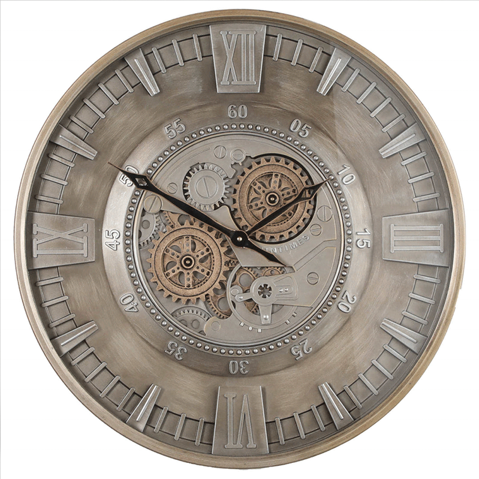 Han Clock Silver Line Gear Metal Çarklı Duvar Saati (Gümüş-Altın)