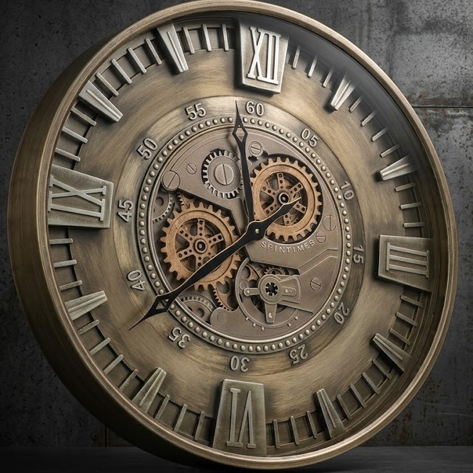 Han Clock Silver Line Gear Metal Çarklı Duvar Saati (Gümüş-Altın)