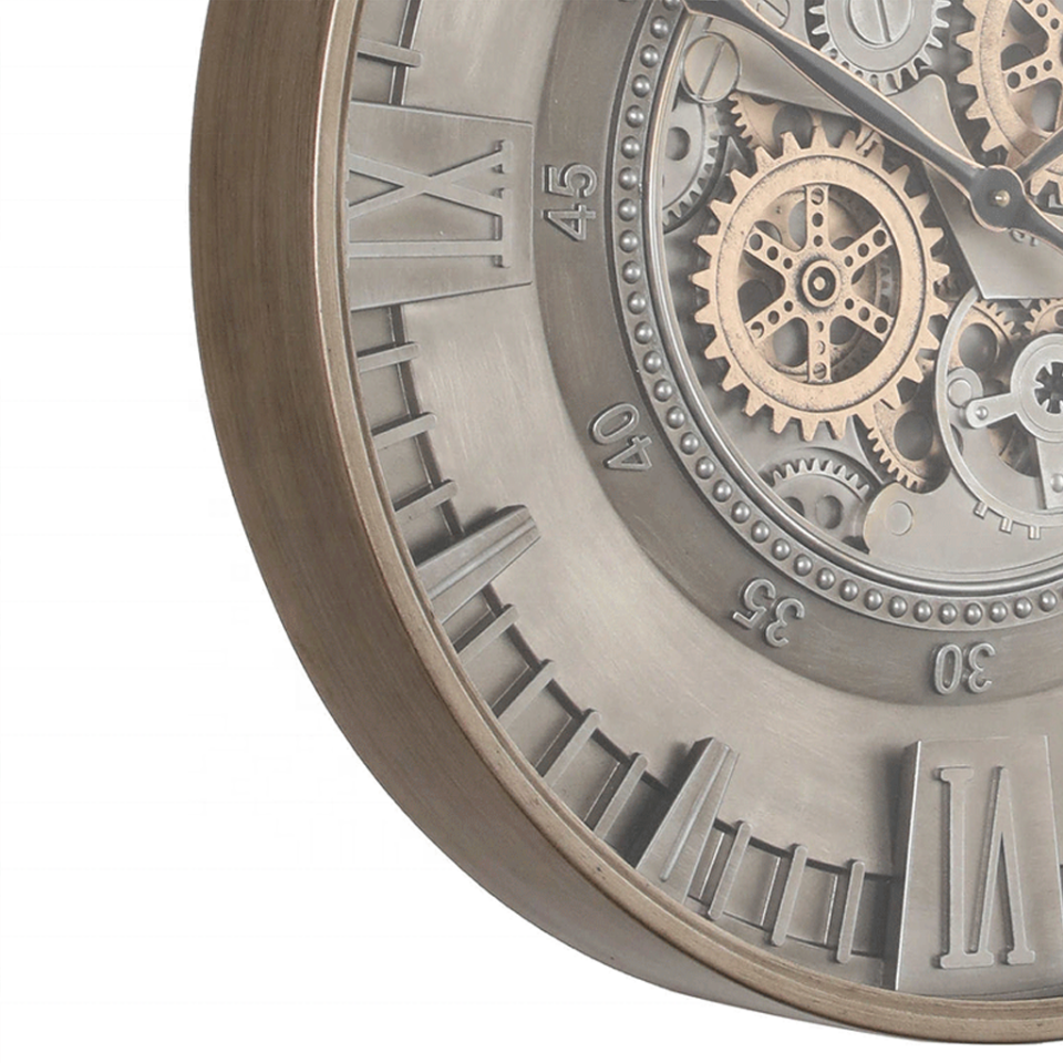 Han Clock Silver Line Gear Metal Çarklı Duvar Saati (Gümüş-Altın)