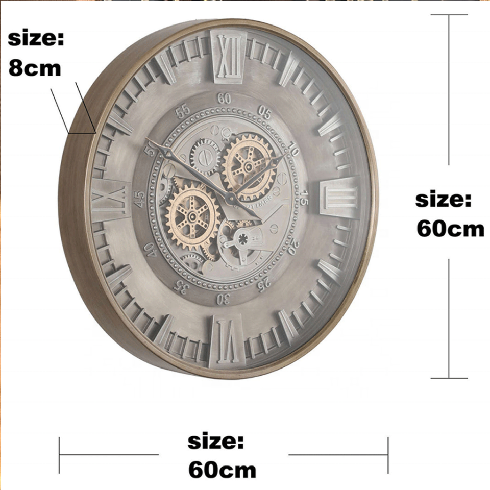 Han Clock Silver Line Gear Metal Çarklı Duvar Saati (Gümüş-Altın)